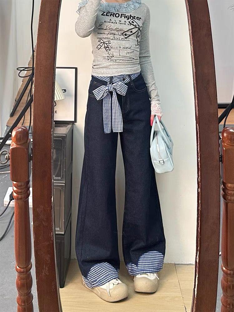

Women s High-Waist Plaid Patchwork Denim Pants - Korean Style, Wide-Leg, Spring 2025 Collection S синий
