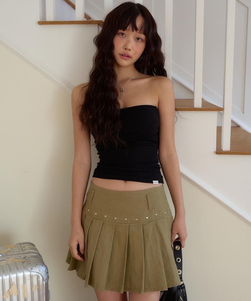 Naked Surf Club Studded Pleated Mini Skirt (Khaki)
