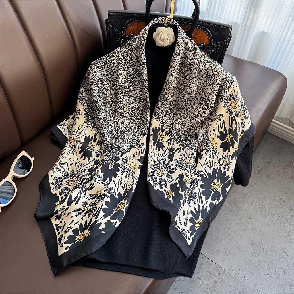 90×90Cm  Satin Shawl Design Flowers Silk Square Women Neck Scarves Wrap Headkerchief Beach Hair Band Women'S Bandana