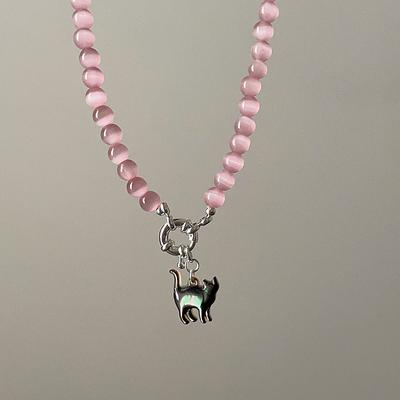 Sweet Girly Pink Opal Cat Pendant Necklace Female Cute Exquisite Fashion Versatile Neck Chain Collarbone Chain