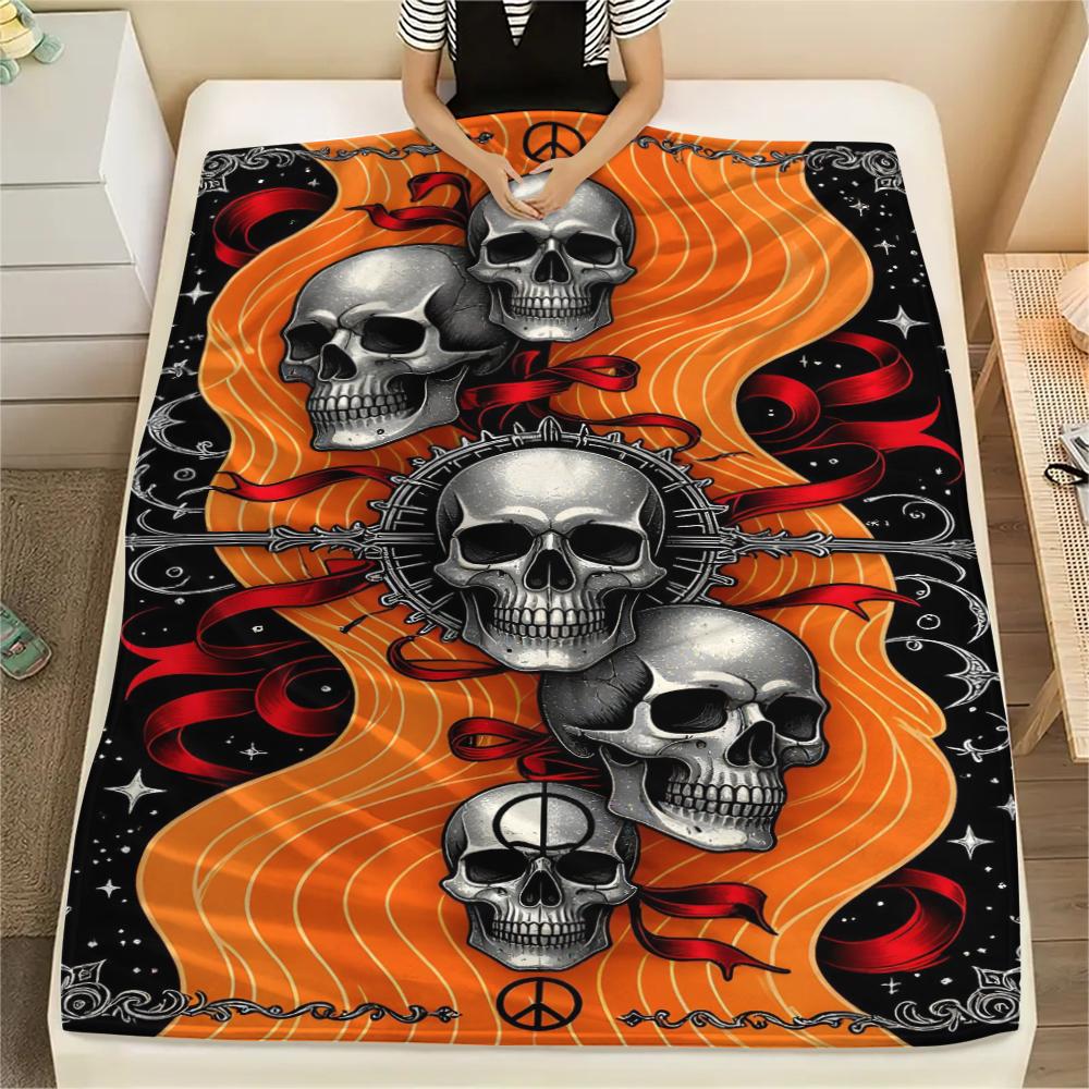 1Pc Skull Head Print Flannel Blanket, High Quality Comfortable for All Seasons, Home Decor, Warmth and Comfort, Perfect for Gifts