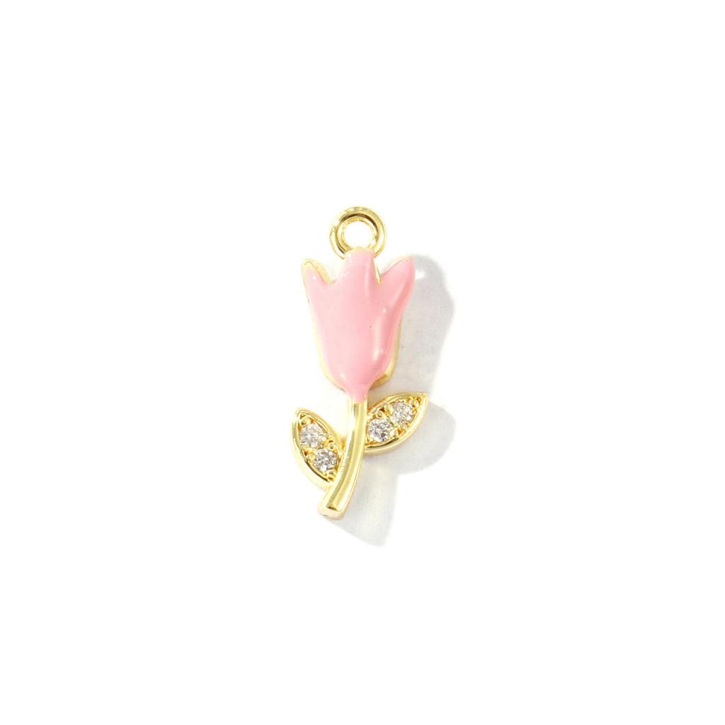 2 Pcs Enamel Tulip Flower Charms Micro Pave Clear Cubic Zirconia Brass 18K Gold Plated Pendants For DIY Necklace 13mm X 6mm