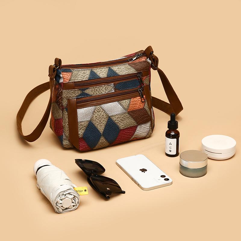 Women's Large Capacity Soft Leather Patchwork Crossbody Bag - Retro Multi-pocket Shoulder Bag for Work & Commute.