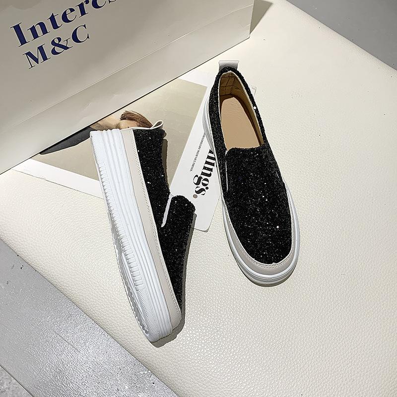 Platform Muffin Sole Women Shoes  Spring New One-Pedal Loafers Fashion Versatile Casual Shoes Trendy Design Sequins Sneakers