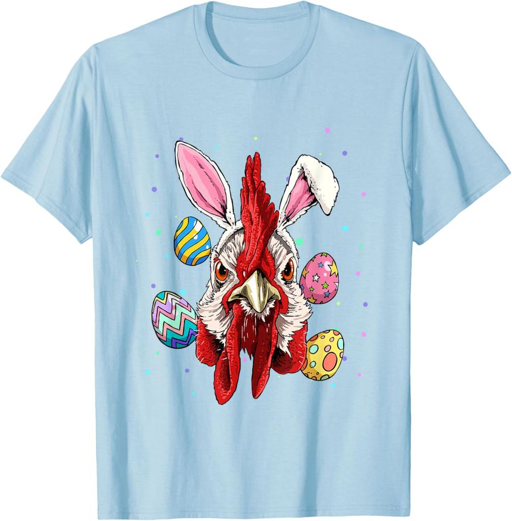 Funny Rooster Bunny Easter Egg Graphic Tee Men's Casual Short Sleeve T-Shirt Trip