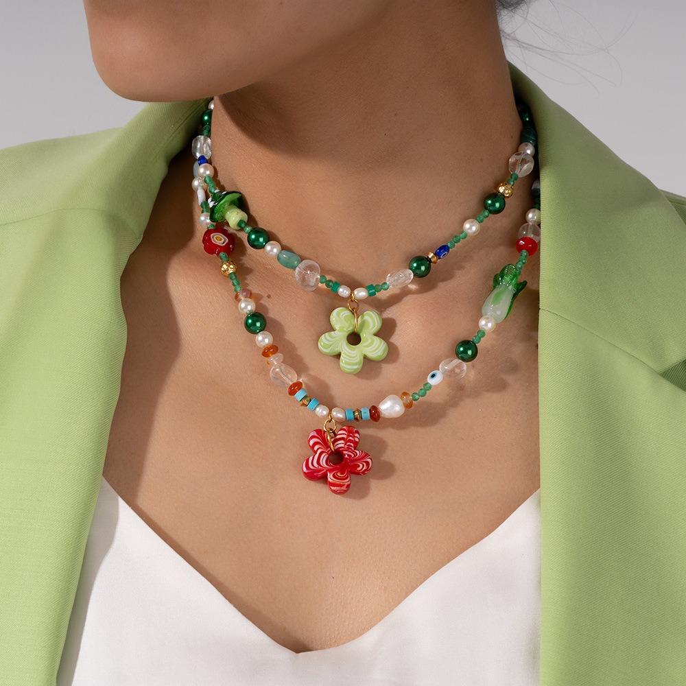 Coloured Glaze Floral Chain Choker Childishness Beads Pendant Necklace Flower Necklace  Girls