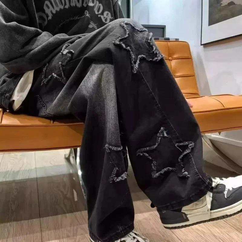 Fashion Stars Towel Embroidery Brown Men Jeans Pants Y2K Clothes Straight Hip Hop Cotton Trousers Pantalon Homme