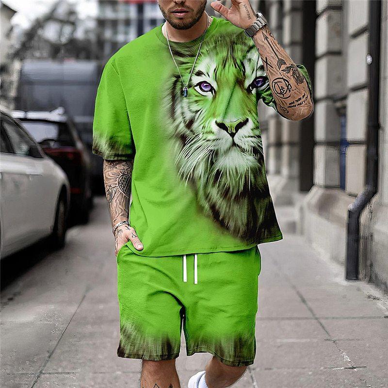 Summer Round Neck 3D Tiger Pattern Printed Set Fashionable and Casual Short Sleeved Shorts Men's Sport Wear