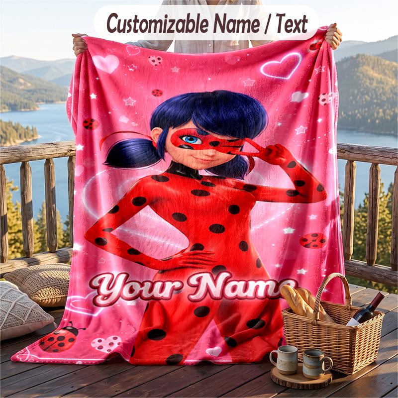 Coperta in Flanella Miraculous Ladybug, Testo con Nome Personalizzato, Morbida Calda Coperta Plaid in Peluche per Regalo