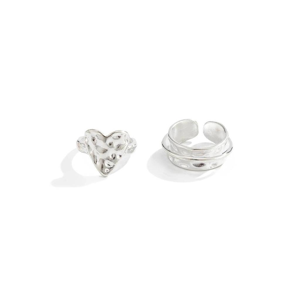 Salircon 2Pcs/Set Punk Geometric Unsmooth Love Heart Open Rings Women Simple Silver Color Finger Ring Party Jewelry Accessories