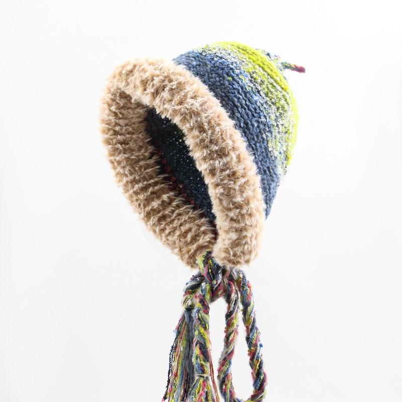 

Полоски контрастных цветов косы шерстяная шапка новая детская зимняя теплая универсальная мультяшная милая плюшевая с защитой ушей