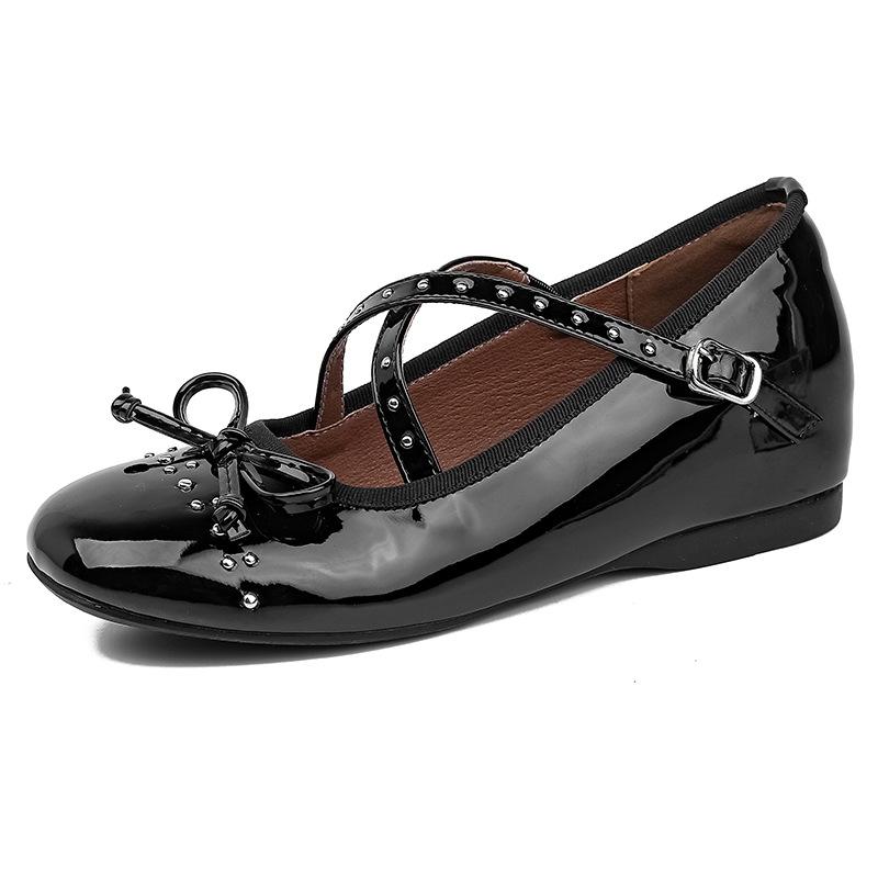 

Мода 2025 Весна Осень Круглый Носок Бант Кожаные Балетки Мэри Джейн Новая Мода Туфли с Перекрестным Ремнем Неглубокий Вырез Однотонные Женские Лоферы 39 чёрный