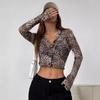 Y2K Leopard Printed Mesh Single-breasted Wooden-ear Rimmed Long-sleeved Short Section Blouses Tops for Women Versatile Closet Essential Fashion Shirt