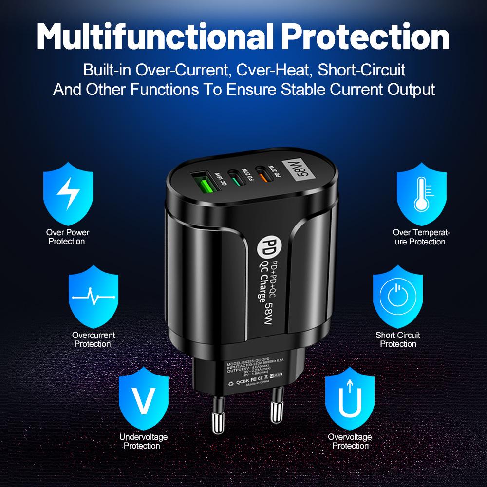 58W Multi-Plug Fast Charger with Dual USB & Type-C PD Ports
