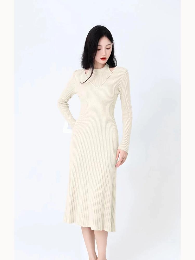 

Модное трикотажное платье из двух частей с легким ветром и талией, женское темпераментное дизайнерское платье с воротником-стойкой, элегантное женское трикотажное платье на осень-зиму L абрикосовый