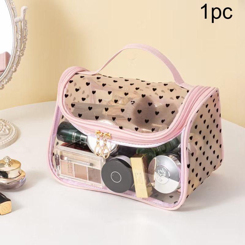 

Large Capacity Heart Mesh Makeup Bag Frosted Transparent Cosmetic Toiletry Organizer Travel Pouch for Office Home or Daily