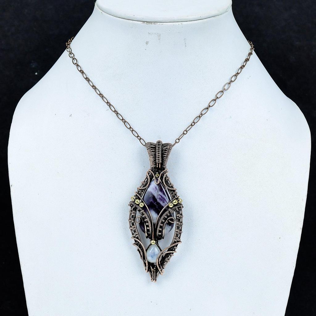 Salvia ametist & Månsten Hänge, Ädelsten 999 Koppartråd Lindat Smycke Hänge, Handgjort Smycke Födelsesten Hänge, Gåva Till Honom