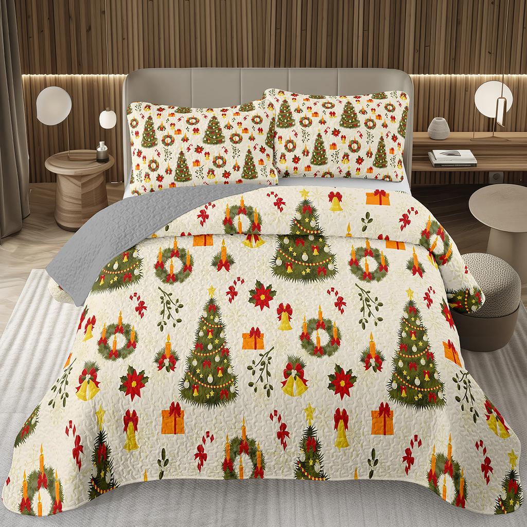 Christmas Bedspread Queen/Full Xmas Tree Quilted Coverlet for Boys Girls,Cartoon Festival Theme Quilt Set Happy New Year Bedding