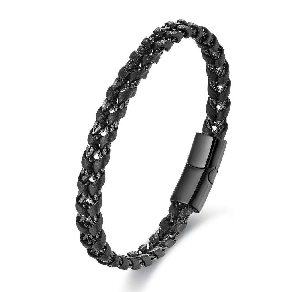Men's Black Leather Bracelet Stainless Steel Double Layer Braided Wristband Fashion Handmade Cowhide Rope Jewelry Accessories