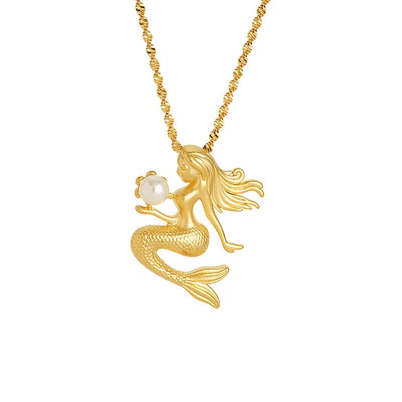 Luxury 24K 9999 Pure Gold Real Gold Women's Mermaid Pendant All-match Necklace Clavicle Chain
