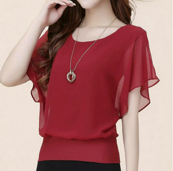 

Летняя корейская шифоновая блузка 2024: Женский топ с коротким рукавом, больших размеров, облегающий, летучая мышь M бордовый