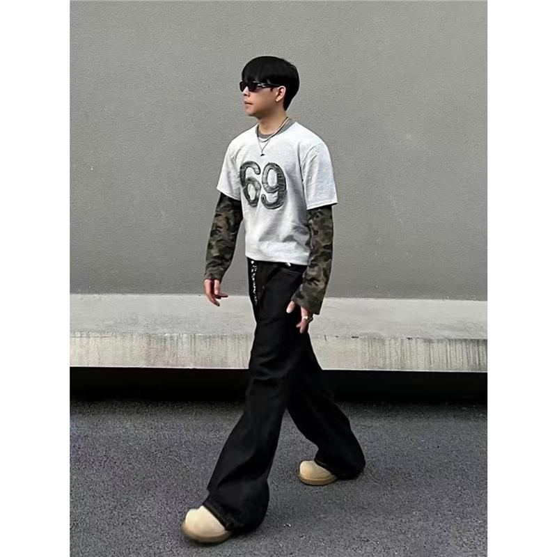 American new high street black three-dimensional tailoring jeans men and women loose and slightly straight wide-leg mopping pants tide