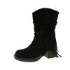 2025 show model brown fringed Martin boots women's retro wasteland wind foreign gas pleated pile boots western knight boots