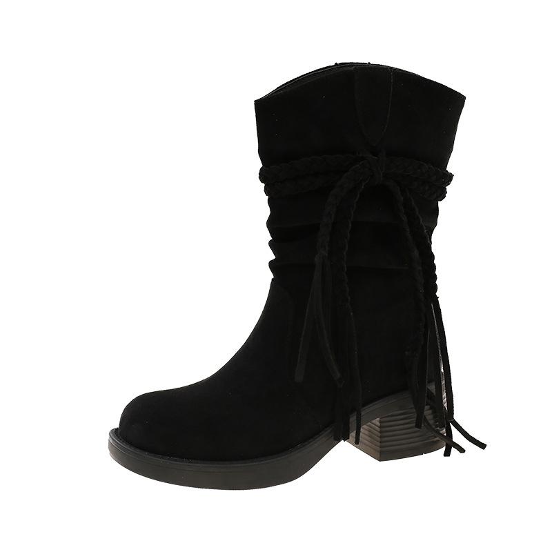 2025 show model brown fringed Martin boots women's retro wasteland wind foreign gas pleated pile boots western knight boots