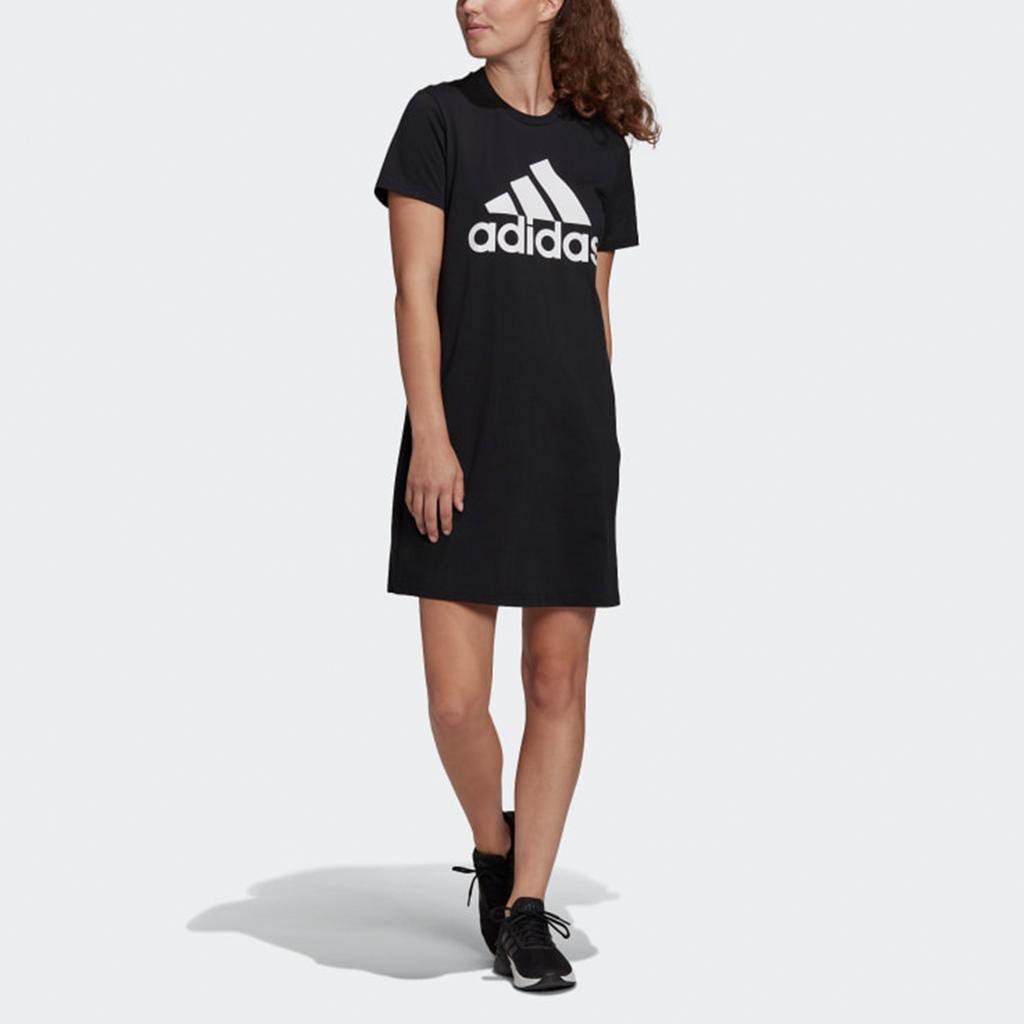 adidas Essential Logo Print Breathable Round Neck Sports Short Sleeve Dress Women Dresses Black GM5588