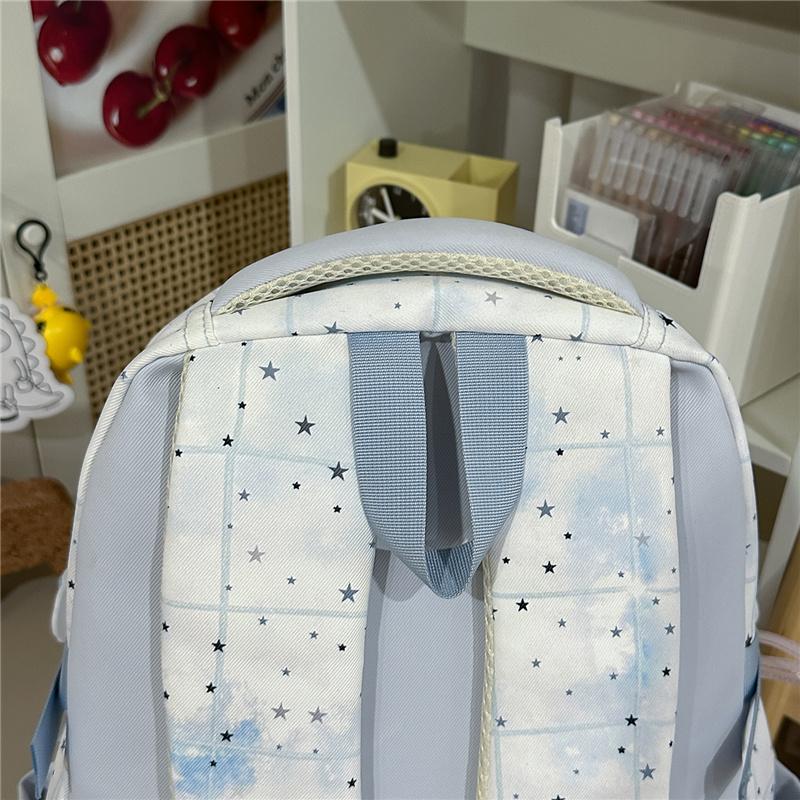 Cute Star Print School Backpack Lightweight Nylon Zipper Daypack with Clear Pocket for Teen Girls Daily Travel