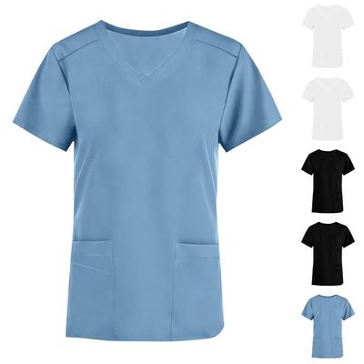 Ladies' Lightweight Color V-neck Multi Pocket Side Slit Short Sleeved Shirt