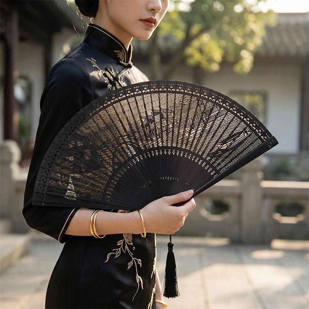 Portable Hollowed-Out Folding Fan Classical Vintage Chinese Style Bamboo Fan with Tassel Decorative Dance Fan Performance Prop