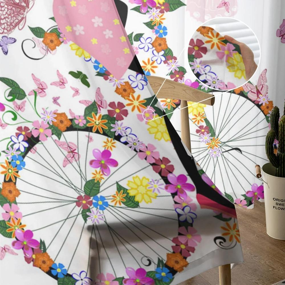 Butterfly Girl Bicycle Flower Pink White Chiffon Sheer Curtains for Living Room Bedroom Decoration Window Voiles Tulle Curtain