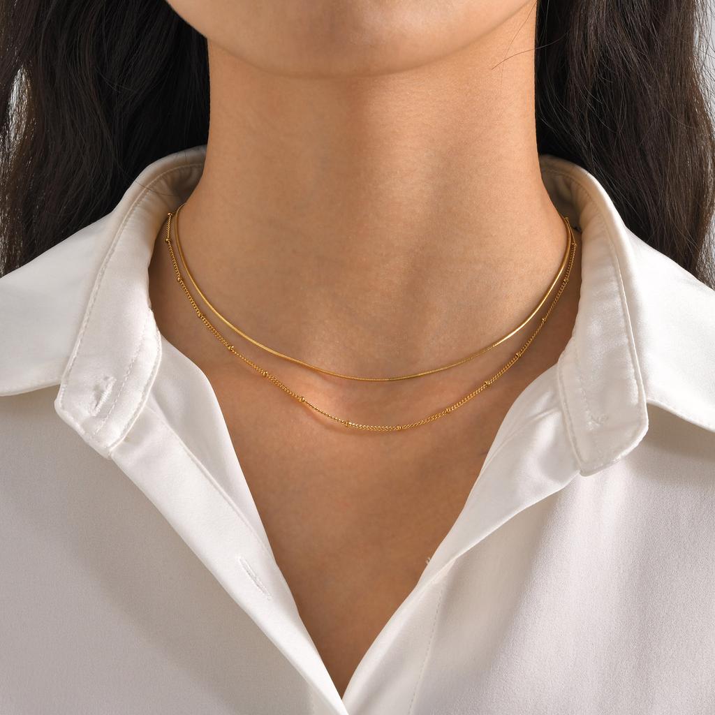 Trendy Double Satellite Chain Necklaces for Women Girls,Gold Color Stainless Steel Link Choker Collar Charm Necklace Party Gifts