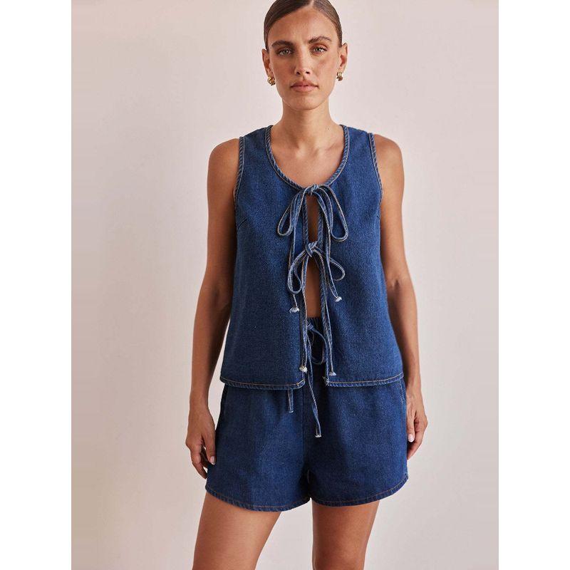 

Magic Queen Summer Fashion Casual Sleeveless Tied High Waist Women s Vest Denim Wide Leg Shorts Suit Suit Light blue shorts XXL