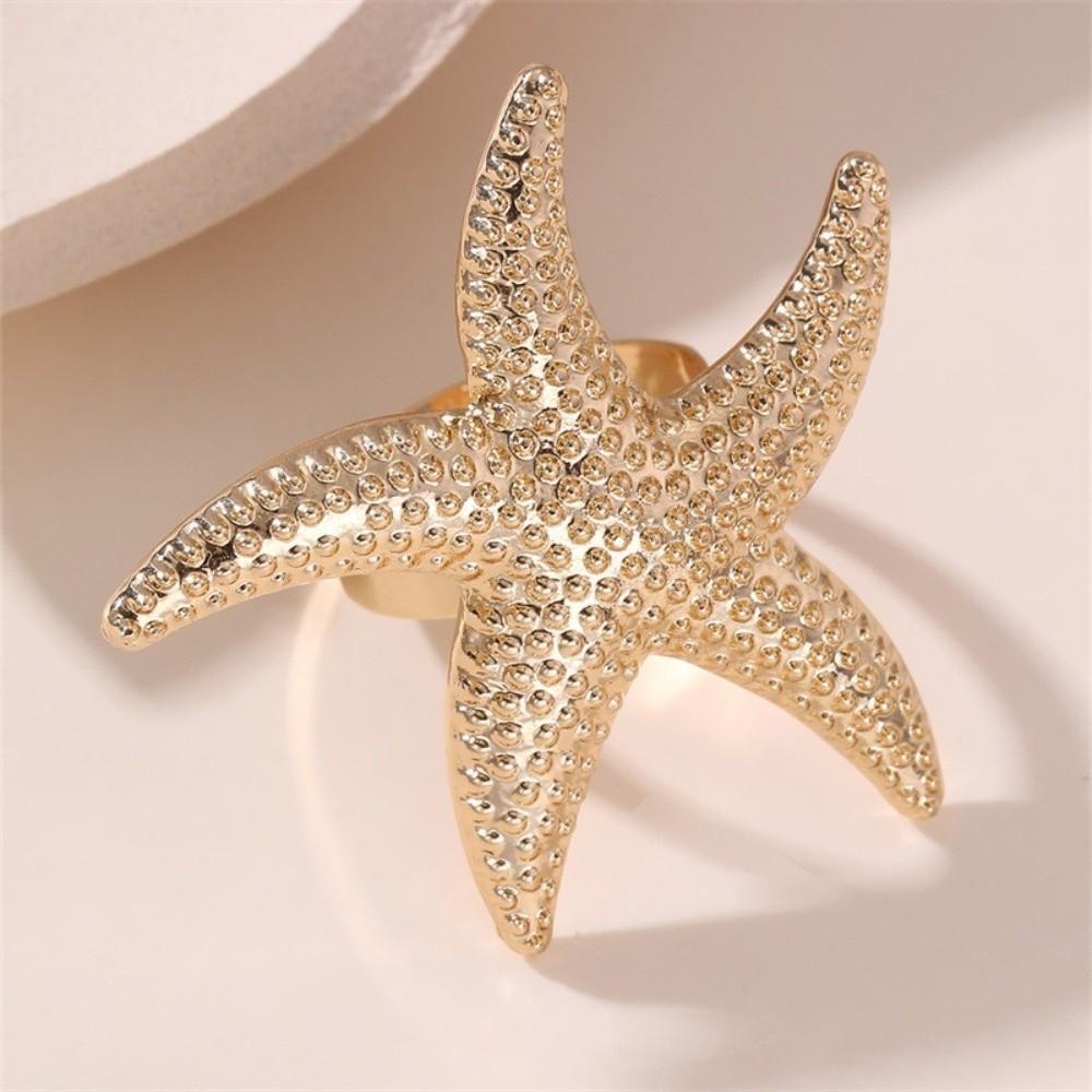 Romantic Flower Shape Starfish Ring Gold Color Metal Pearl Ring Exaggerated Jewelry Flower Ring Beach