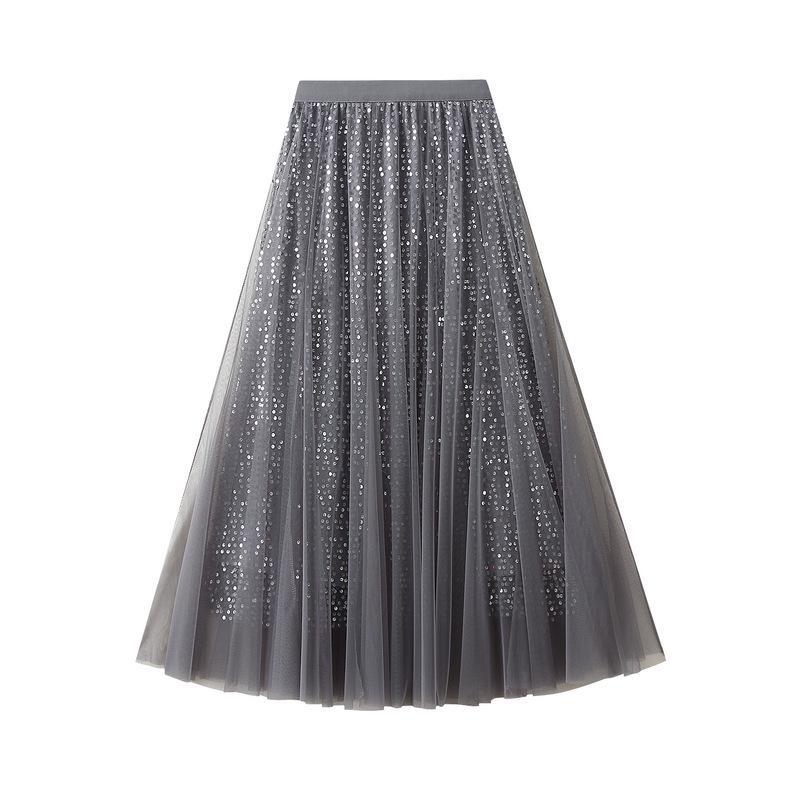 Women s SS24 High-Waisted A-Line Pleated Mesh Midi Skirt with Lurex One Size серый