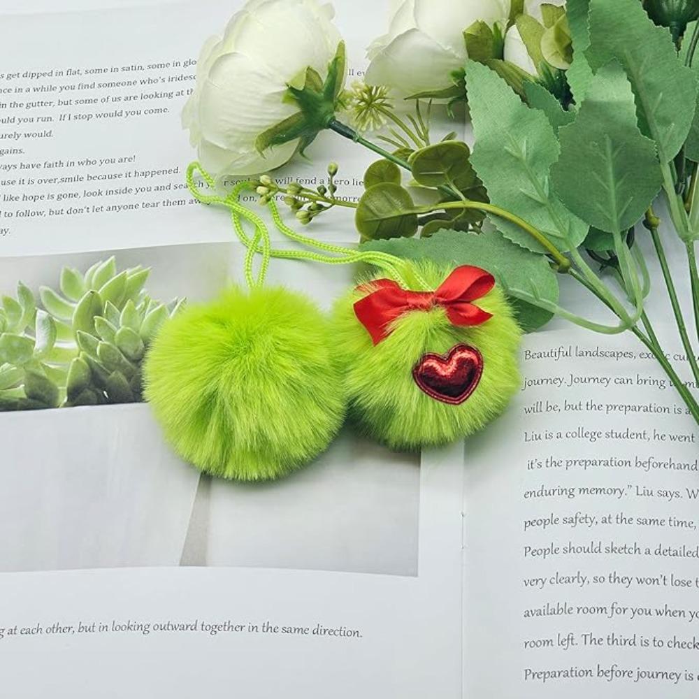 12Pcs Furry Christmas Green Elf Ball Soft 6cm Green Plush Christmas Balls DIY with Bow and Heart Xmas Tree Pendant Party