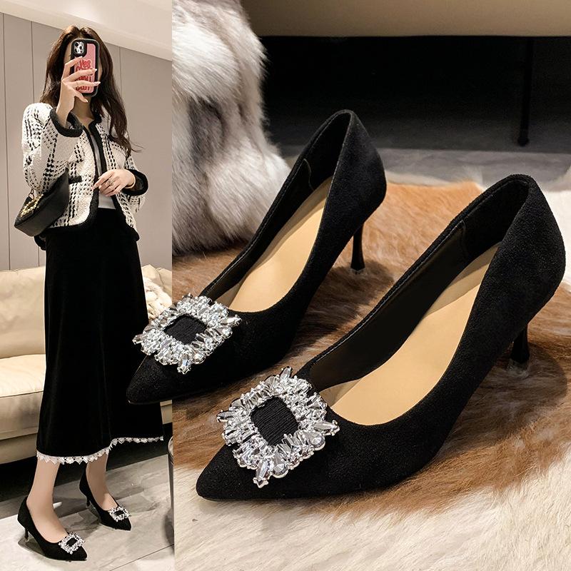 Dámské lodičky jaro a podzim 2024 tenký podpatek kamínky špičatý smysl pro design nika francouzské mělké profesionální pracovní boty