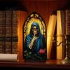 UV Printed Halloween Decor Candle Holder, Gothic Stained Glass Style Translucent Panel Lamp Retro Spooky Candlestick, Tabletop Atmosphere Ornament for