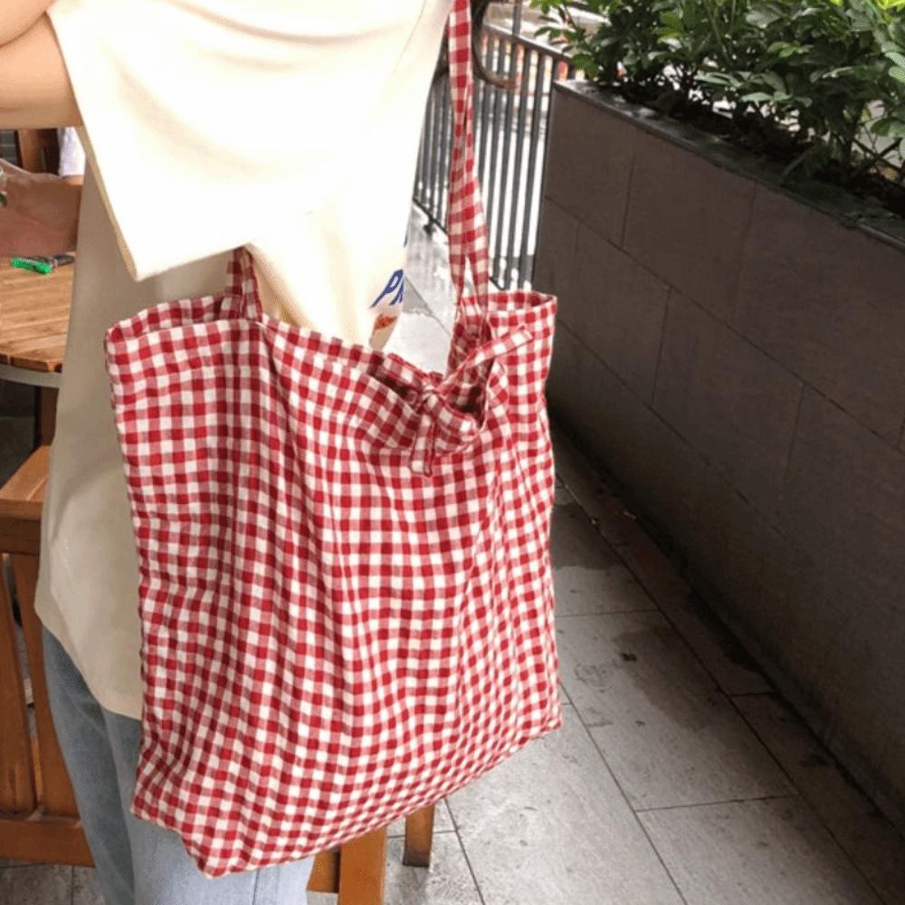 Cloth Printed Shoulder Bag Print Handbag Simple Grid Pattern Canvas Bag  Women