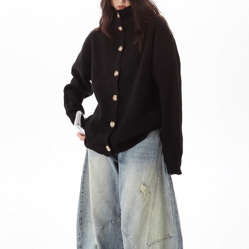 Oversized High Neck Knit Cardigan Women Fall Winter Loose Casual Sweater Coat