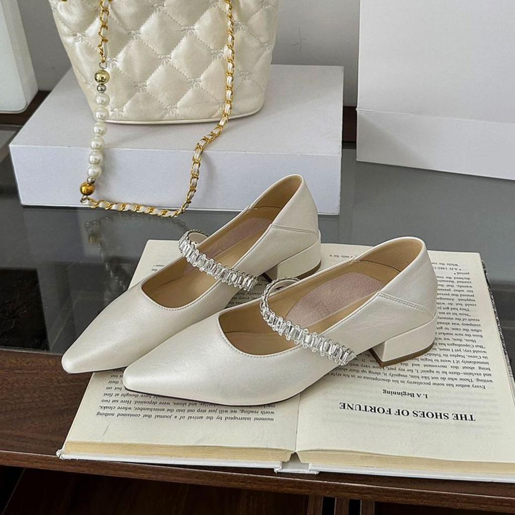 Rhinestone thick heel pointed single shoes women's 2025 new model with skirt temperament fashionable foreign style one pedal Mary Jane women's shoes