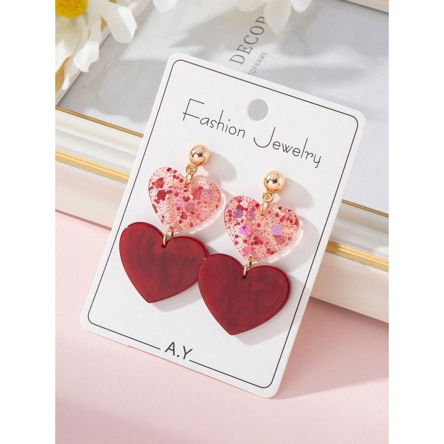 1 Pair Acrylic Romantic Valentine's Day Colorful Sequin Red Heart Design Earrings Perfect Gift For Ladies