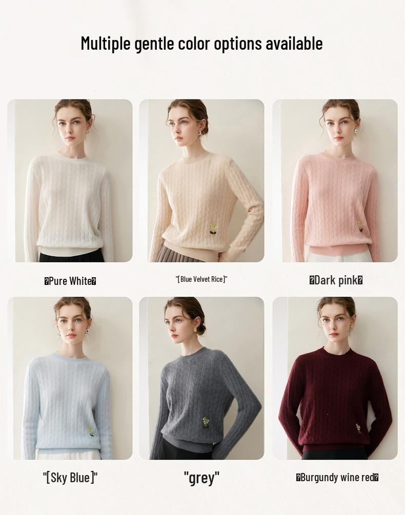 Women's 100% Pure Cashmere Round Neck Cable Knit Sweater for Autumn/Winter
