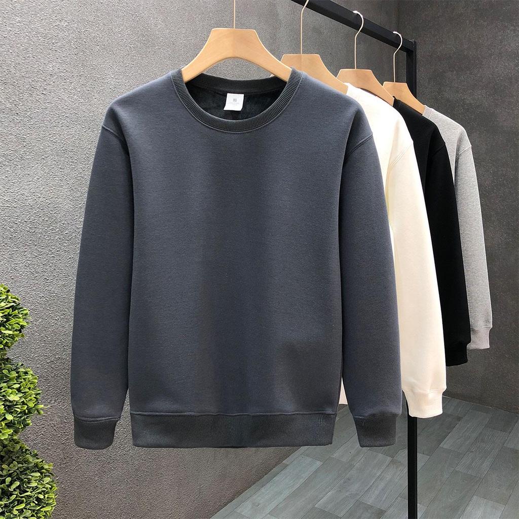 Men's Winter Fleece-Lined Sweatshirt: Solid Color, Round Neck, Long-Sleeve, Available in White & Black. Perfect for Spring and Autumn.