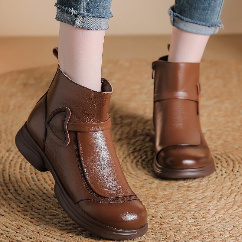 Autumn and winter new first-layer cowhide thick-heeled retro Martin boots medium and old boots women's velvet short boots genuine leather single boots