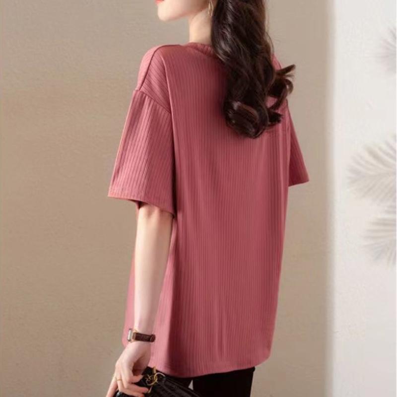Fat Ladies Plus Size Short Sleeve Ice Silk T-Shirt Summer Loose V-Neck Top Elegant Comfortable Pullover