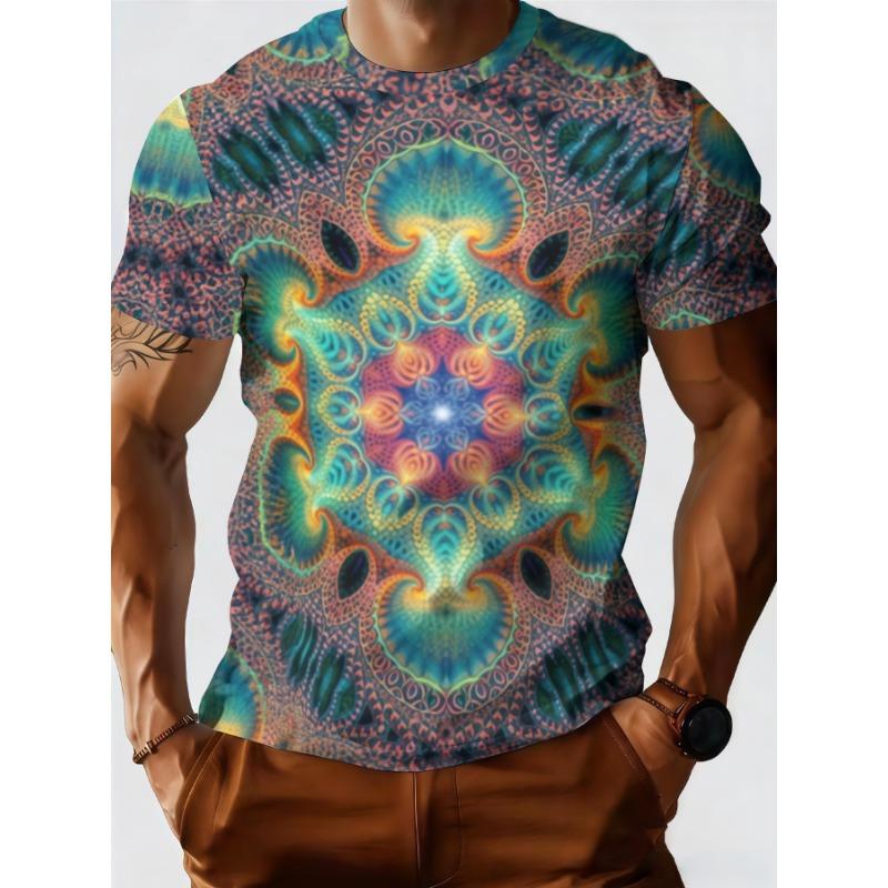 3D Psychedelische Mandala-Blume Bedrucktes T-Shirt für Herren Trendige Kurzarm-Tees Abstrakte Trippy Geometrische Grafik Rundhals Hip Hop Streetwear Oberteile