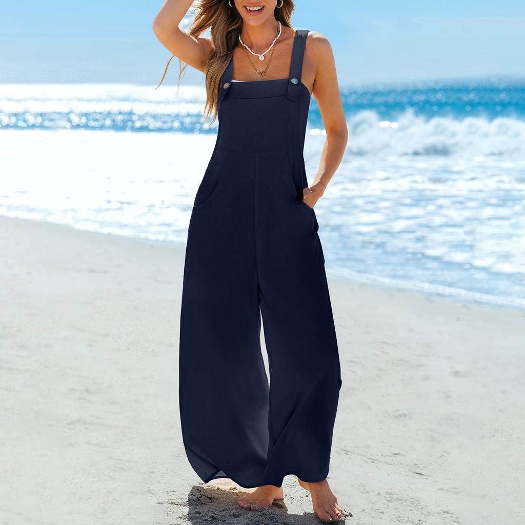 Women's Casual Overalls Color Without Cuff Pocket Jumpsuit